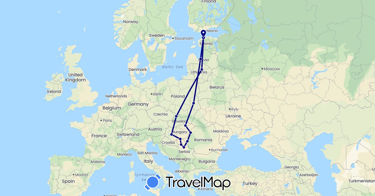 TravelMap itinerary: driving in Estonia, Hungary, Lithuania, Latvia, Poland, Romania, Serbia, Slovakia (Europe)